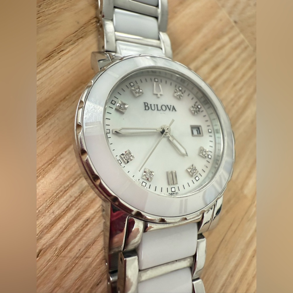 Bulova ladies silver tone white ceramic diamond watch NEW BATTERY - Picture 2 of 11